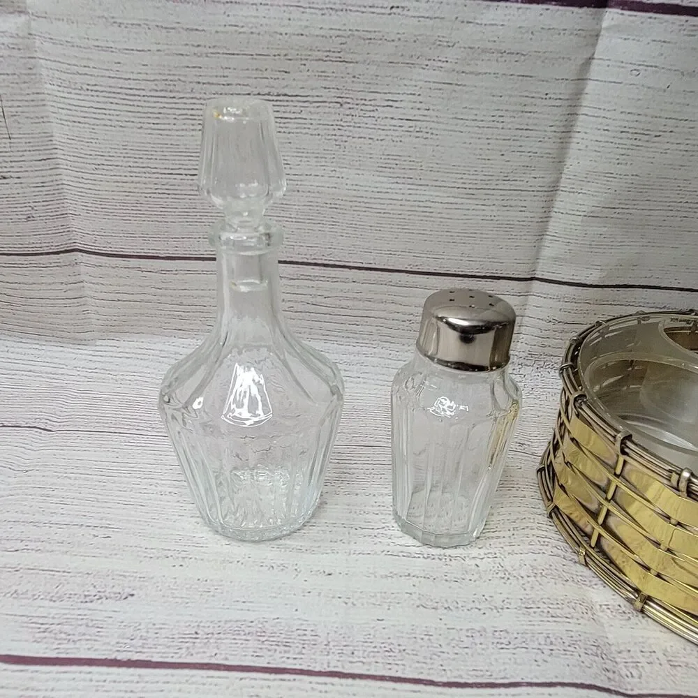 Vintage brass salt, pepper, vinegar, and oil jars with holder table-centerpiece